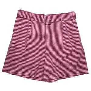 High Rise Belted Shorts Women's XL Pink White Striped Elastic Waist Pockets NEW